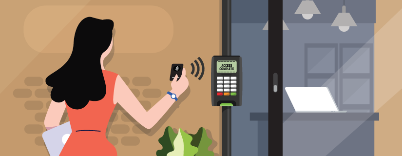 Woman using keycard access system provided by Systems and Cabling Solutions to open her door.